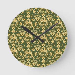 Horloge Ronde Arrière - plan floral en bois de motif de damassé