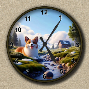 Horloge Ronde Arrière - plan Pittoresque Cute Corgi personnalisa