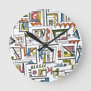 Horloge Ronde Art à l'encre et aquarelle géométrique abstraite d