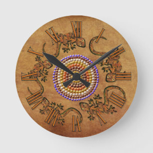 Horloge Ronde Art aborigène australien avec un cercle de Geckos