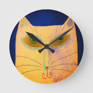 Horloge Ronde Art abstrait de chat jaune