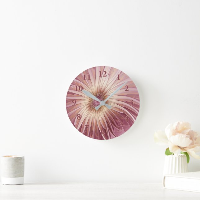 Horloge Ronde Art Abstrait Fractal Fleur & Tons de Bourgogne (Maison)