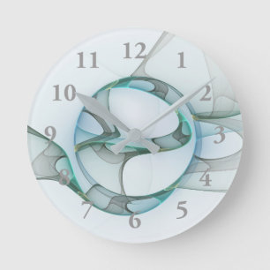 Horloge Ronde Art Abstrait moderne Fractal Bleu Turquoise Gris