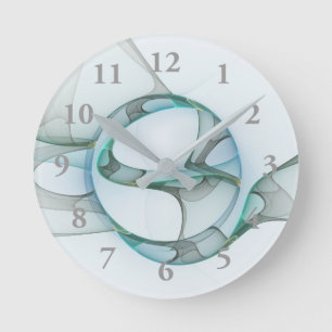 Horloge Ronde Art Abstrait moderne Fractal Bleu Turquoise Gris