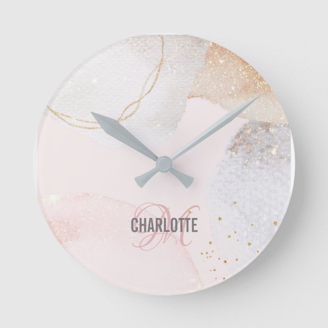 Horloge Ronde Art abstrait moderne rose vif nom monogramme (Recto)