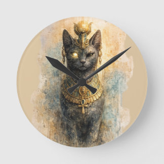 Horloge Ronde Art aquarelle de la déesse féline Bastet de l'Égyp