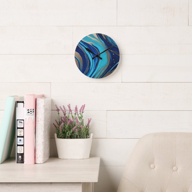 Horloge Ronde Art-Bleu Abstrait moderne et or- (Salle de lecture)