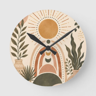 Horloge Ronde Art botanique et soleil bohème