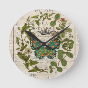 Horloge Ronde art botanique français script de pays feuille papi