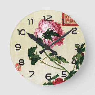 Horloge Ronde Art de la fleur de pivoine rose chinoise vintage