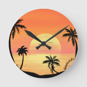 Horloge Ronde Art de la silhouette de palmier au coucher du sole
