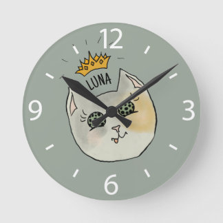 Horloge Ronde Art de nom de chat personnalisé - Chat blanc dodu 