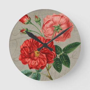 Horloge Ronde Art de rose rouge antique sur gris