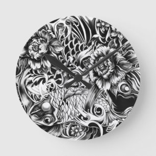 Horloge Ronde Art de tatouage de surf de Japonais d'illustration