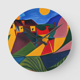 Horloge Ronde Art de village abstrait coloré