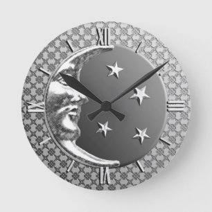 Horloge Ronde Art Déco Lune et Étoiles, Hématite Gris & Argent