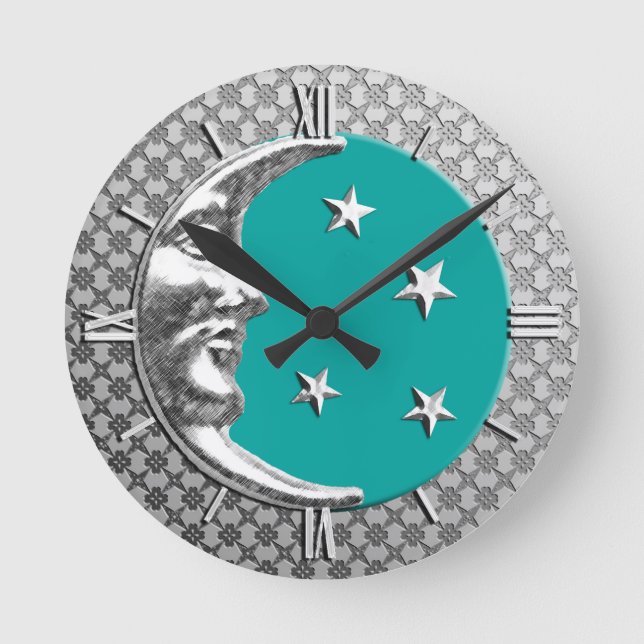 Horloge Ronde Art Déco Lune et Etoiles, Turquoise et Argent (Recto)