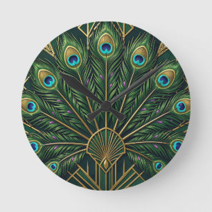 Horloge Ronde Art Déco plumes de paon or vert émeraude