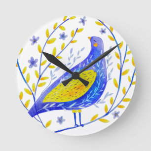 Horloge Ronde Art d'oiseau bleu et jaune à l'aquarelle moderne