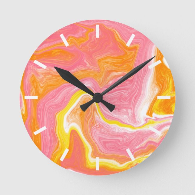 Horloge Ronde Art du marbre rose, orange et jaune (Recto)