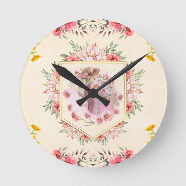 Horloge Ronde Art Floral Lumineux, Dame Rose Du Printemps (Recto)