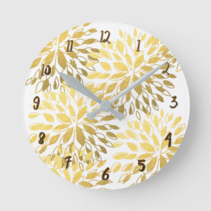 Horloge Ronde Art floral moderne or et blanc, paillettes fausses