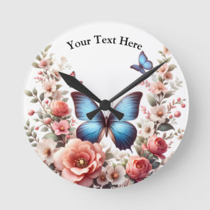 Horloge Ronde Art floral papillon bleu personnalisable-96279