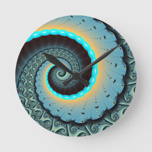 Horloge Ronde Art fractal abstrait bleu turquoise orange en spir