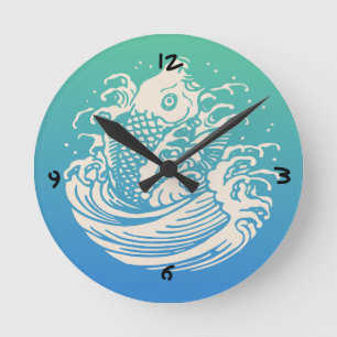 Horloge Ronde Art japonais Koi Poisson Bleu Design Vintage