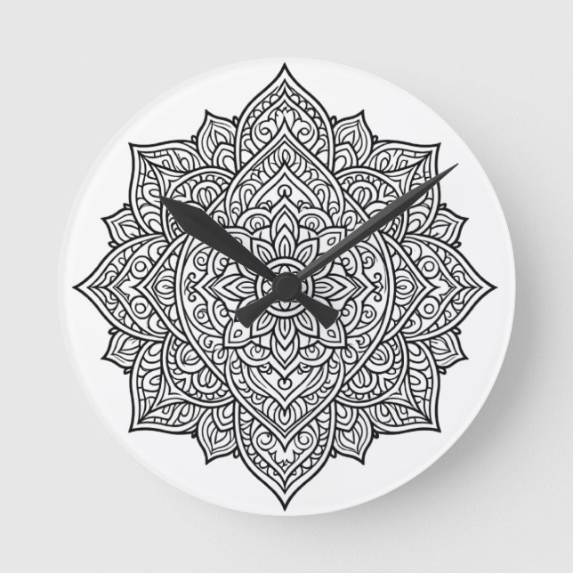 Horloge Ronde Art mandala aux lignes noires complexes (Recto)