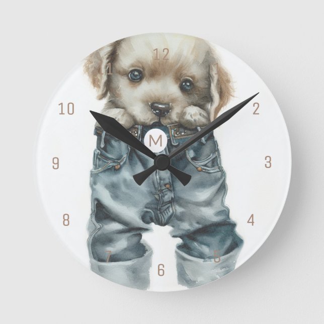 Horloge Ronde Art monogramme de chiot mignon en jeans (Recto)