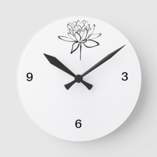 Horloge Ronde Art noir et blanc de dessin d'encre de fleur de