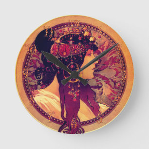 Horloge Ronde Art nouveau Alphonse Mucha Donna élégante femme