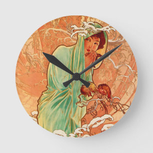 Horloge Ronde Art nouveau d'Alphonse Mucha Hiver