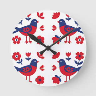 Horloge Ronde Art populaire motif floral oiseau rouge bleu
