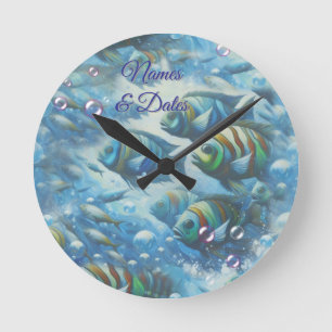 Horloge Ronde Art sous-marin du poisson et du corail dans les pe