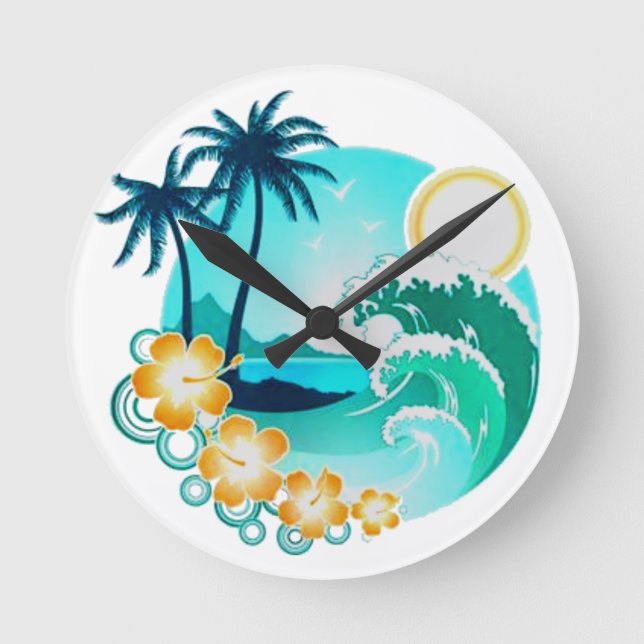 HORLOGE RONDE ART TROPICAL HAWAÏEN DE SURF (Recto)