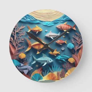 Horloge Ronde Artisanat en papier origami scène de vie marine 3D