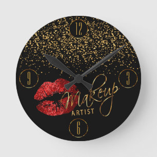 Horloge Ronde Artiste maquillage Lèvres rouges et Confetti or