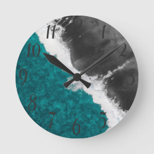 Horloge Ronde Artsy moderne Turquoise Bleu noir Plage Waves