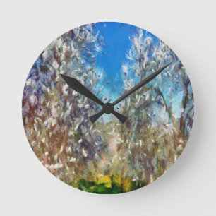 Horloge Ronde Artwork de Pointillisme d'amandiers en fleurs prin