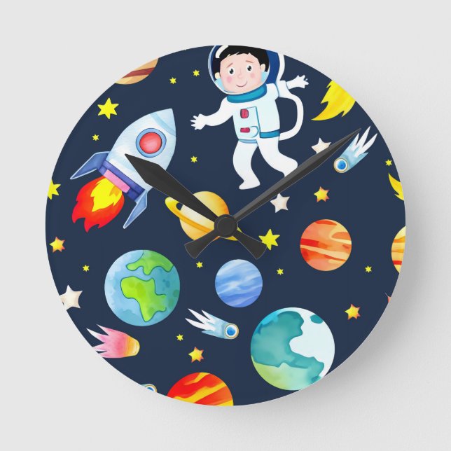 Horloge Ronde Astronaute dans l'espace Planètes et Fusées Motif (Recto)