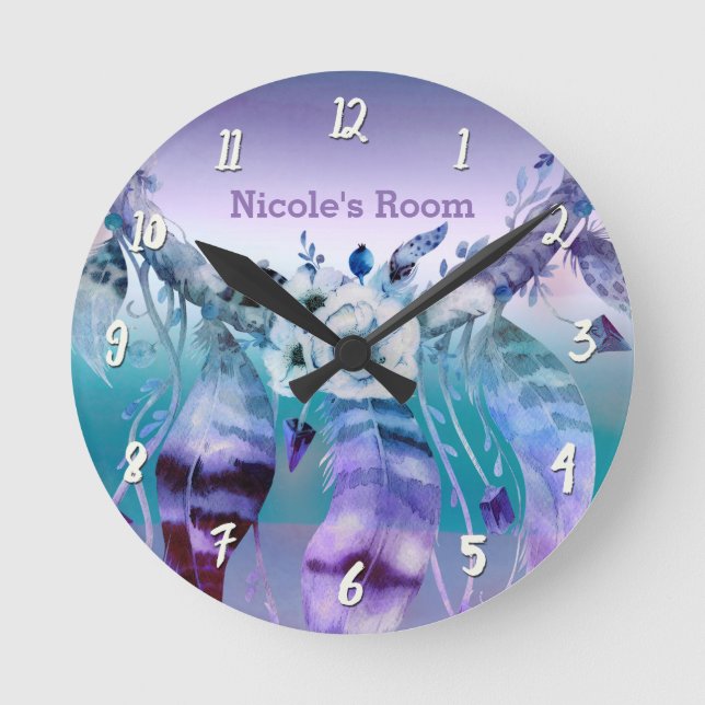 Horloge Ronde Attrape-rêves Bohème Personnalisé Violet et Turquo (Recto)