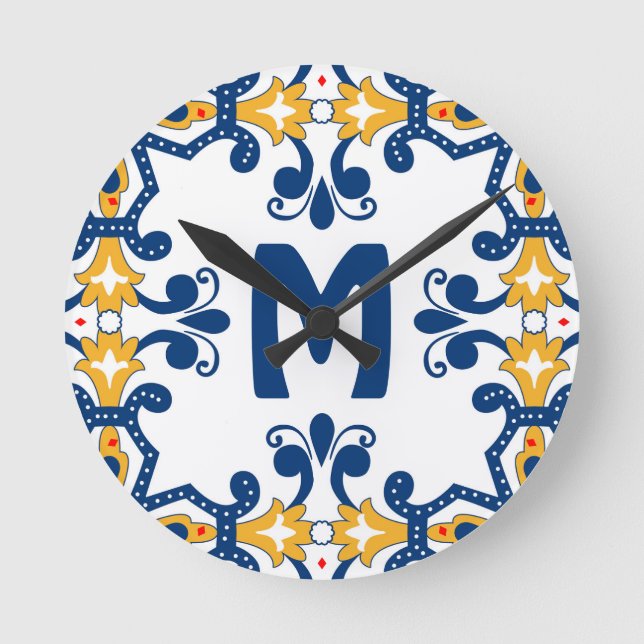 Horloge Ronde Avec 💛 initial 💙 bleu et jaune Azulejos (Recto)