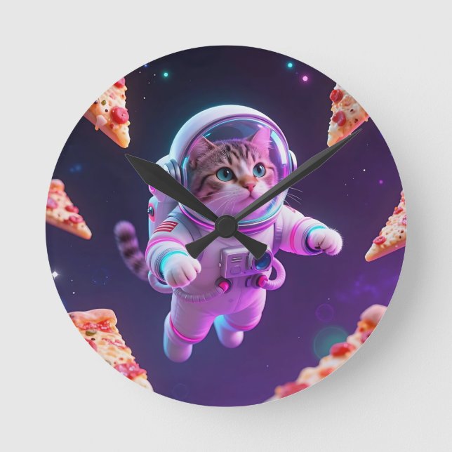 Horloge Ronde Aventure spatiale de pizza avec un chat astronaute (Recto)
