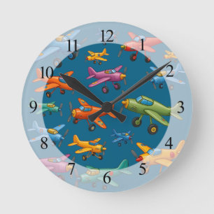 Horloge Ronde Avions Vintage Colorés - Aviation Rétro