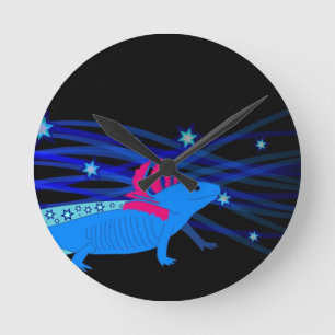 Horloge Ronde Axolotl bleu avec étoiles