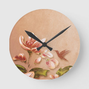 Horloge Ronde Azalées roses vintage floral sur Whiskey