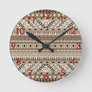 Horloge Ronde Aztec Tribal Print Neutral Browns Beige Taupe red