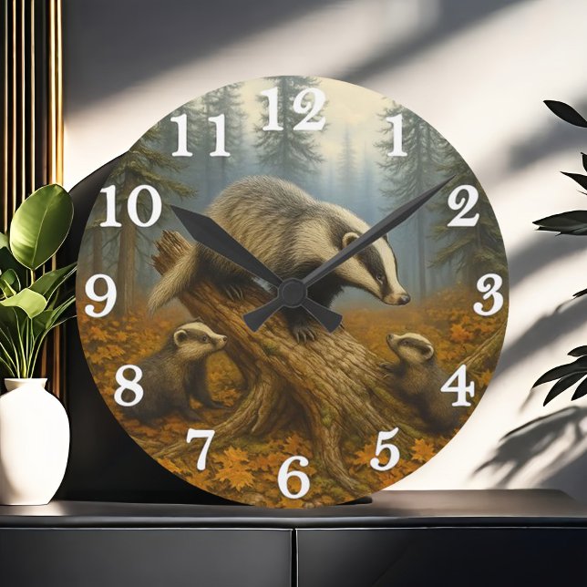 Horloge Ronde Badger family in misty woods (Créateur téléchargé)